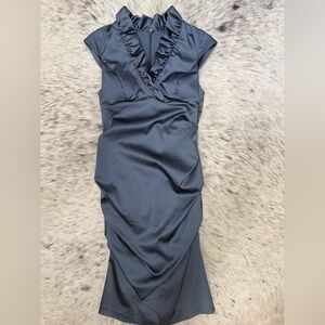 Xscape Blue Ruched Sheath Midi Dress V-neck Cocktail